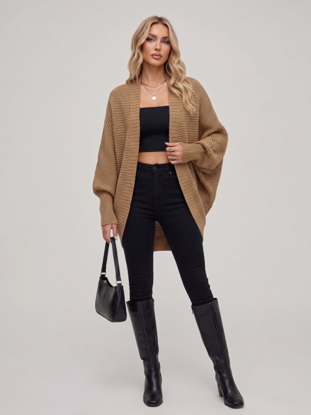 Women's Camel Batwing Sleeve Duster Cardigan Oversized Open Front Fall Knit